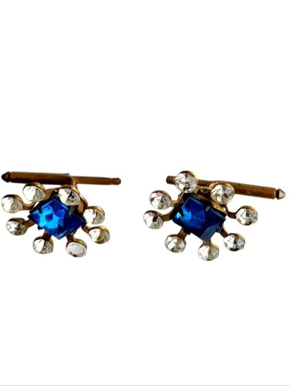 Pair of 1950s Cufflinks w/ Square-Cut Sapphire Blue Glass Rhinestones - Picture 3 of 5